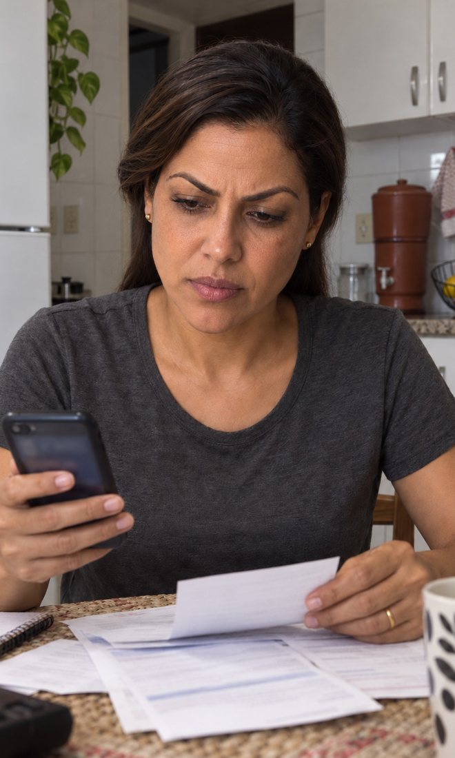 Mulher na mesa da cozinha, à noite, olhando o aplicativo do banco no celular com contas na mão