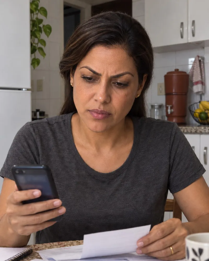 Mulher na mesa da cozinha, à noite, olhando o aplicativo do banco no celular com contas na mão