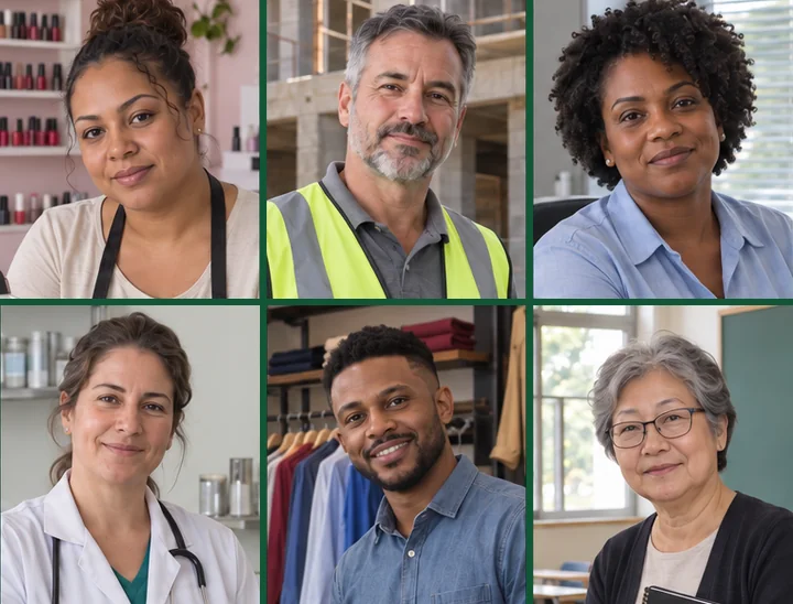 Brasileiros de várias profissões no trabalho: manicure, engenheiro, assistente administrativa, veterinária, dono de loja e professora